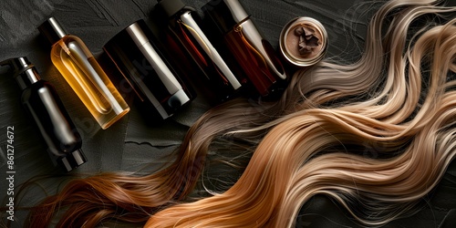 A bottle of hair oil sits next to a bottle of hair conditioner. The bottles are arranged in a row on a counter