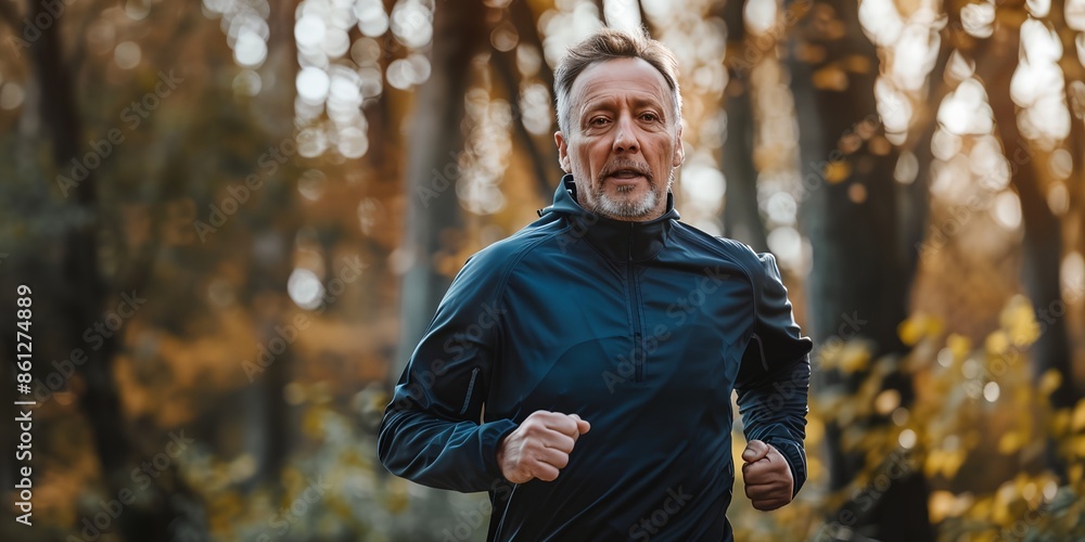 A man is running in the woods wearing a blue jacket. He is smiling and he is enjoying his run A man is running in the woods wearing a blue jacket. He is smiling and he is enjoying his run