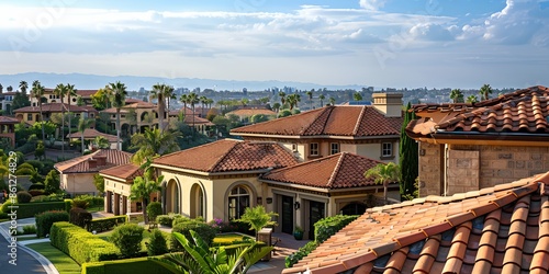 A row of houses with red roofs and a view of the mountains. The houses are all different sizes and styles, but they all have the same red roof. The houses are situated on a hill