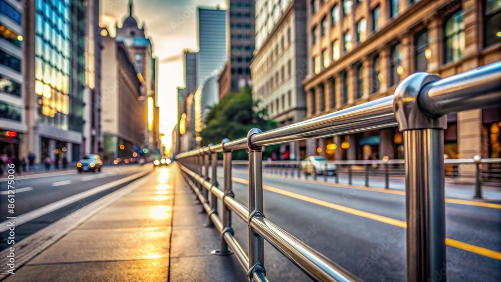 empty city street with blurred urban background and long line of identical grey metal railings stretching into distance alone. empty city street with blurred urban background and long line of identical grey metal railings stretching into distance alone.