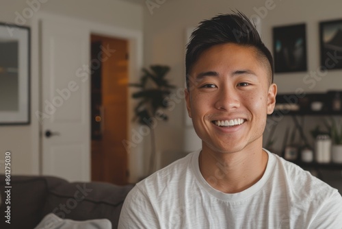 Portrait of a joyful asian man in his 20s smiling at the camera in front of crisp minimalistic living room