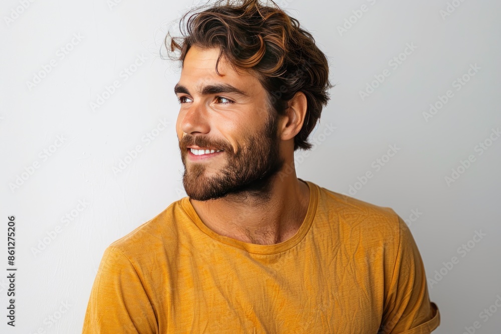 Obraz premium Young handsome man with beard isolated on white background looking to the side and smiling