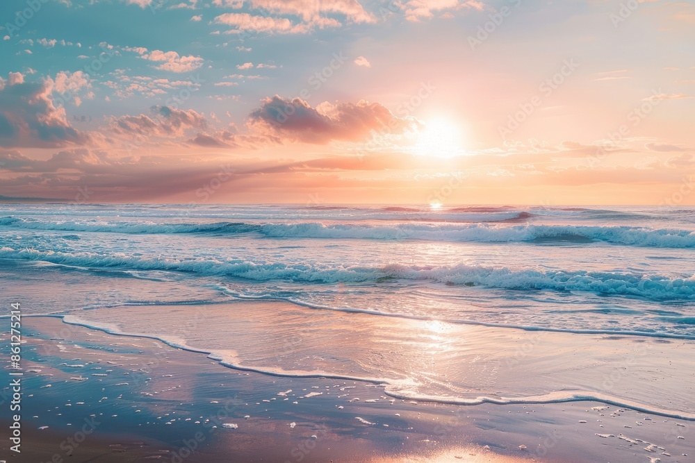 Fototapeta premium Sunset on the beach, abstract seascape in light colors, copy space