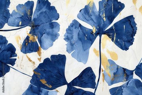 elegant ginkgo leaves in rich blue and gold hues delicate brushstrokes on textured white canvas minimalist botanical art series japaneseinspired design photo