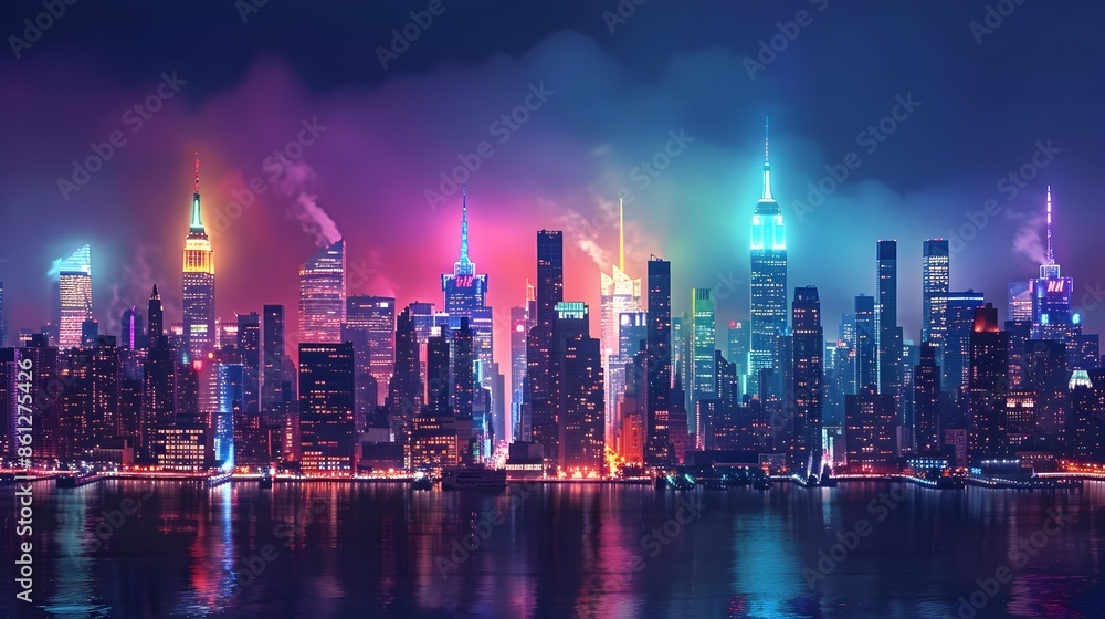 Vibrant Nighttime Cityscape with Illuminated Skyscrapers and Colorful Reflections on the River Vibrant Nighttime Cityscape with Illuminated Skyscrapers and Colorful Reflections on the River