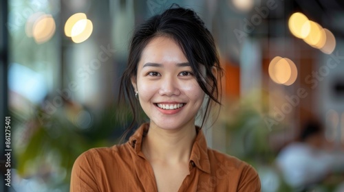 A Beautiful, Smiling, Happy Young Asian Woman Around 25 In A Brown Shirt, Exuding Charm And Positivity