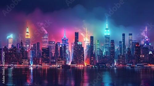 Wallpaper Mural Vibrant Nighttime Cityscape with Illuminated Skyscrapers and Colorful Reflections on the River Torontodigital.ca