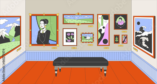 Museum art gallery cartoon flat illustration. Famous paintings on walls 2D line interior colorful background. Exhibit heritage exposition. Artwork exhibition scene vector storytelling image