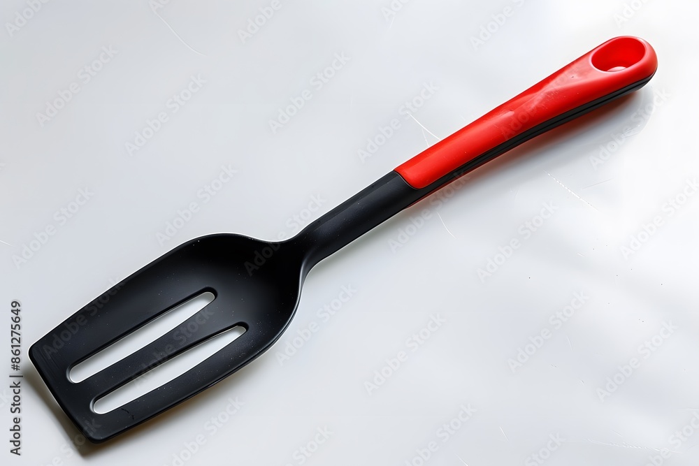 Red spatula on white surface with black handle Red spatula on white surface with black handle