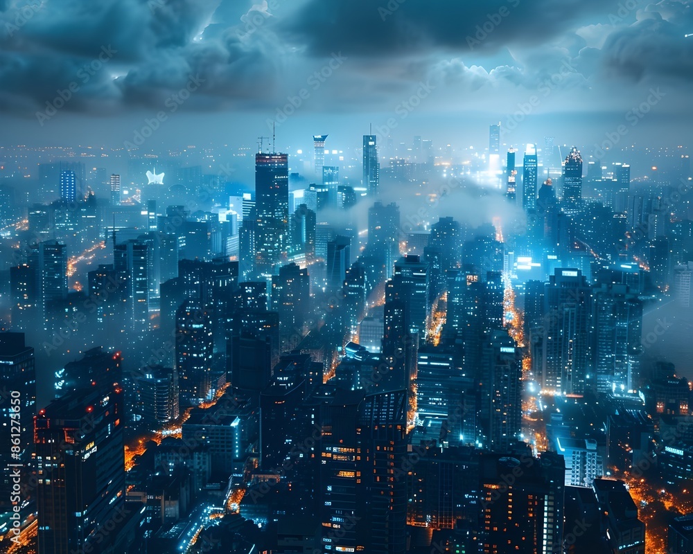 Fototapeta premium Captivating Nighttime Cityscape with Illuminated Skyline and Bustling Urban Activity