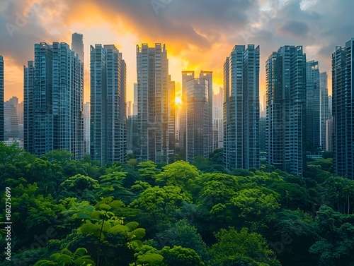Lush green urban oasis amidst towering skyscrapers in a modern city skyline at sunset