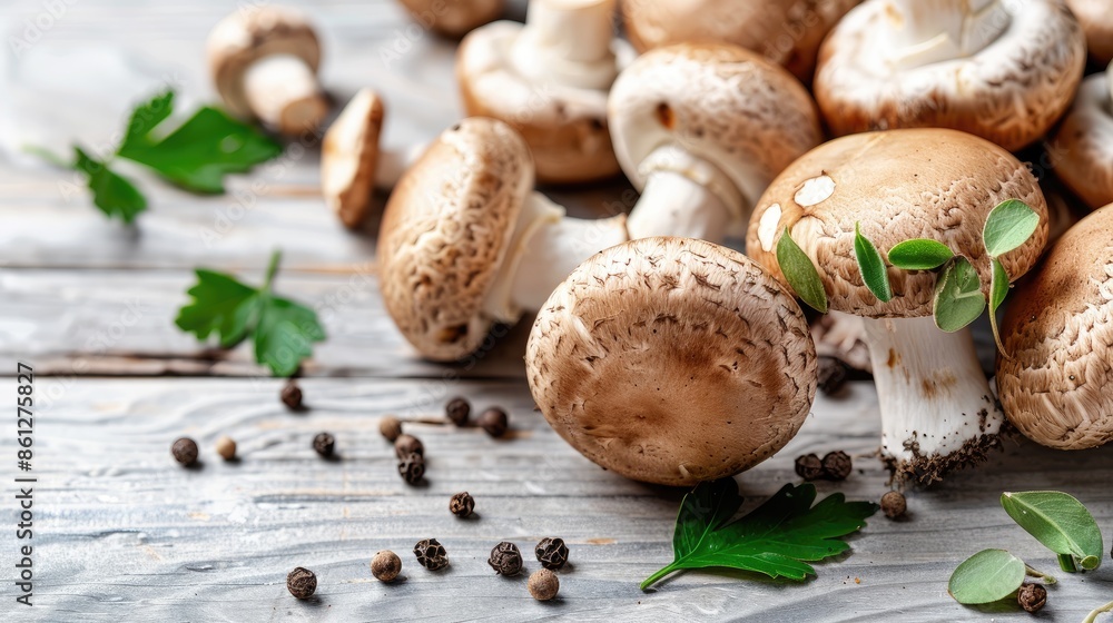 Close-up of fresh brown mushrooms with parsley sprigs on a rustic wooden surface Close-up of fresh brown mushrooms with parsley sprigs on a rustic wooden surface