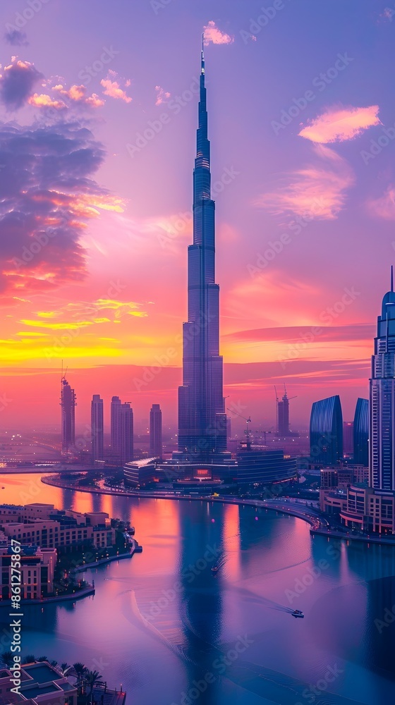 Obraz premium Iconic Skyline of Dubai with at Dazzling Sunset Backdrop