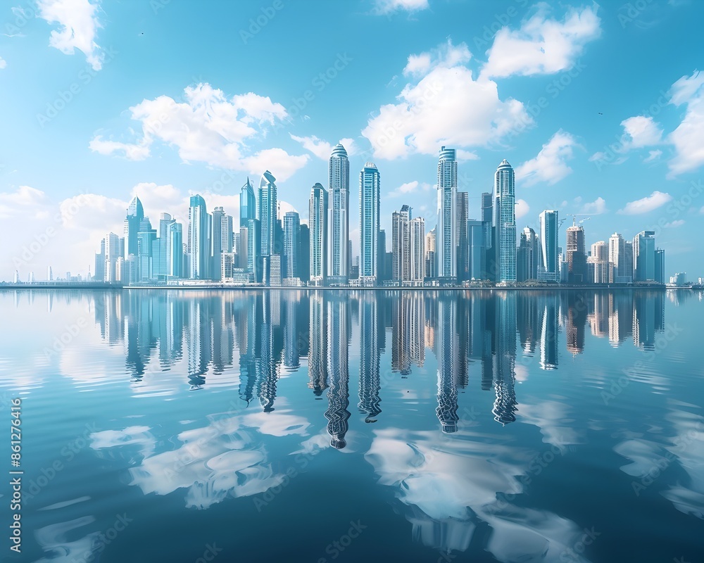 Reflection of Towering Skyline in Tranquil Body of Water Reflection of Towering Skyline in Tranquil Body of Water