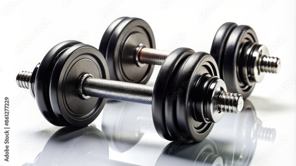 High-contrast black dumbbells isolated on a plain white background, symbolizing strength, fitness, and muscle-building in a minimalist setting. High-contrast black dumbbells isolated on a plain white background, symbolizing strength, fitness, and muscle-building in a minimalist setting.
