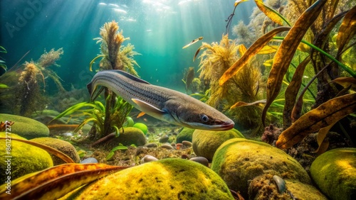 A murky underwater scene in the St Lawrence River features a solitary American eel swimming amidst aquatic plants and rocky debris. photo