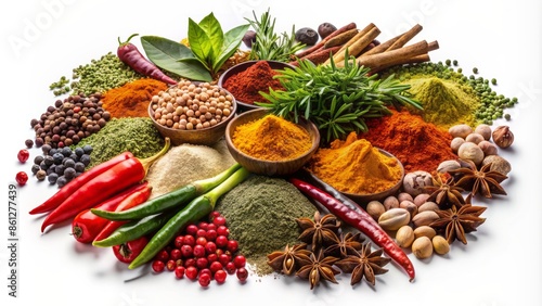 Fototapeta Naklejka Na Ścianę i Meble -  Colorful array of freshly picked Mediterranean herbs and exotic spices isolated on transparent background with realistic shadow effect.