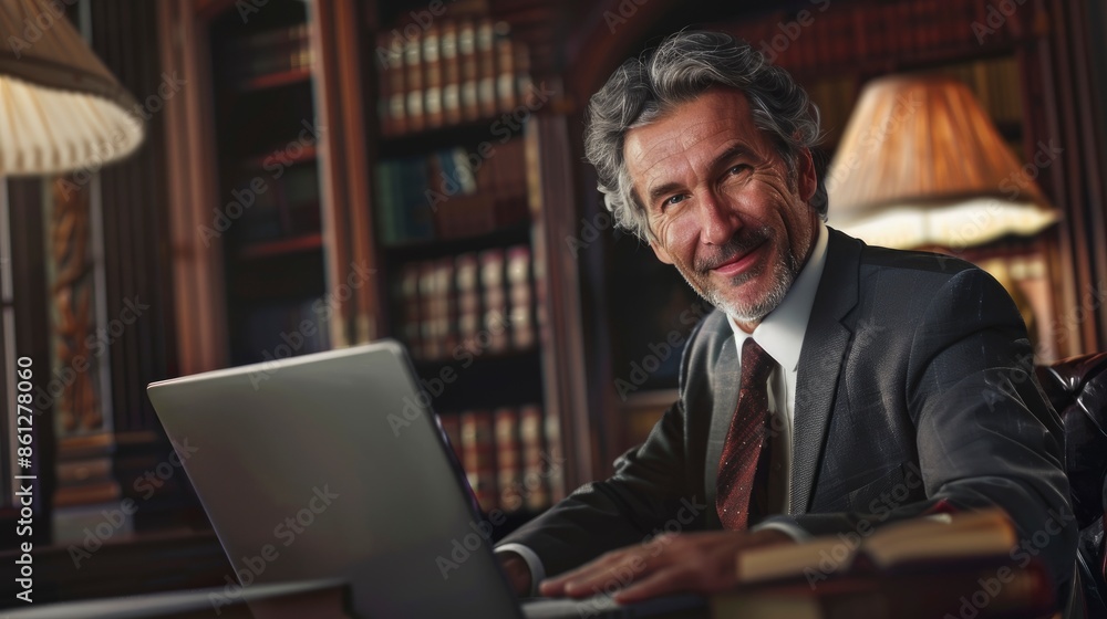 A Happy Professional Man, A Legal Advocate Or Government Attorney, Working On A Laptop In An Office, Radiating Confidence A Happy Professional Man, A Legal Advocate Or Government Attorney, Working On A Laptop In An Office, Radiating Confidence