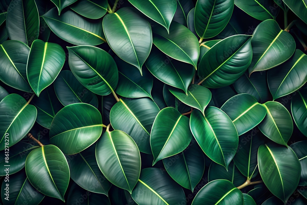 green ficus leaves on a dark background. Leaves of different sizes and shapes create a contrasting and stylish pattern green ficus leaves on a dark background. Leaves of different sizes and shapes create a contrasting and stylish pattern