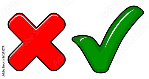 green check mark and red cross mark vector icons set on white. cartoon style check or cross mark.
