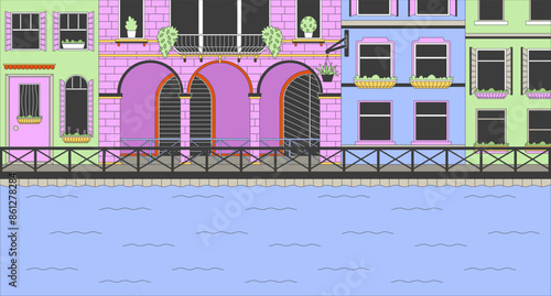 Grand canal in Venice Italy cartoon flat illustration. Waterfront homes. Italian river 2D line landmark colorful background. Europe touristic sight. Travel destination scene vector storytelling image