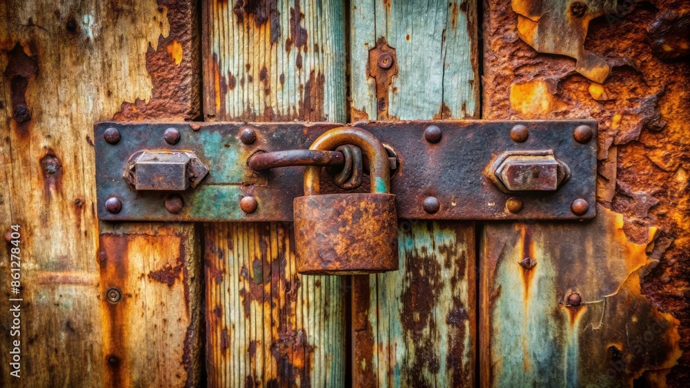 Old rusted door with heavy duty padlock symbolizing security, strength, and unity in a worn, weathered, and isolated environment. Old rusted door with heavy duty padlock symbolizing security, strength, and unity in a worn, weathered, and isolated environment.