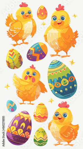 Vibrant Collection of Cheerful Yellow Chickens and Colorfully Painted Eggs in Playful Easter Cartoon Style