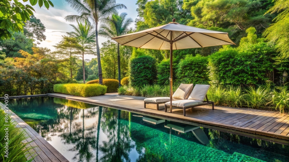 A stylish umbrella shades a modern lounge chair beside a serene outdoor swimming pool surrounded by lush greenery scenery. A stylish umbrella shades a modern lounge chair beside a serene outdoor swimming pool surrounded by lush greenery scenery.