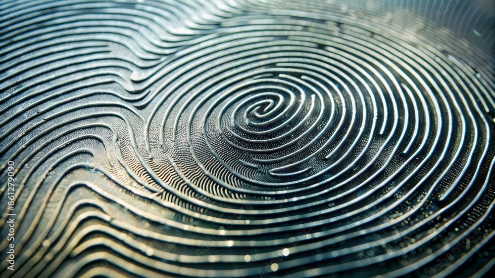 Close-up of a gray fingerprint pattern on a transparent glass surface with intricate ridges and unique swirling shapes visible. Close-up of a gray fingerprint pattern on a transparent glass surface with intricate ridges and unique swirling shapes visible.