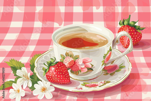 Wallpaper Mural Vibrant Strawberry Blossom Teacup Set with Aromatic Hot Tea on Pink Gingham Tablecloth Torontodigital.ca