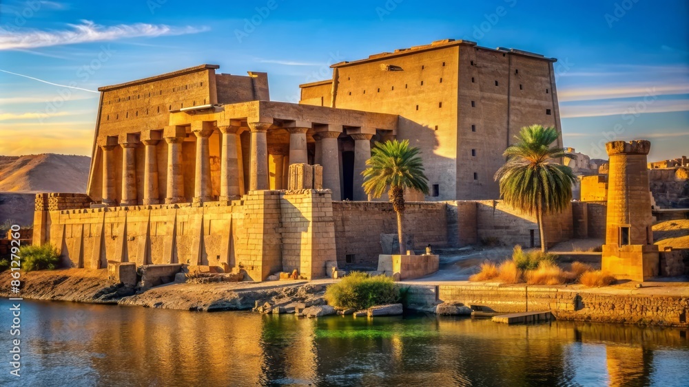 Obraz premium Ancient stone columns and towering walls of Temple of Edfu rise majestically from desert sands on Nile River's west bank.
