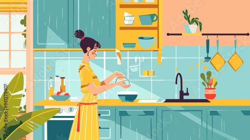 Woman in apron washing dishes at kitchen sink filled with soapy water and bubbles