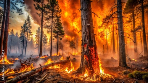 Fiery orange inferno engulfs a drought-stricken forest, flames licking at charred tree trunks, amidst a desolate, smoky, apocalyptic landscape backdrop.
