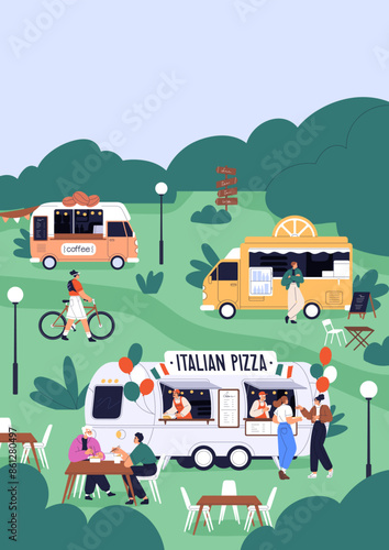 Street food trucks, park fest, poster. Summer holiday event with people, caravans. Tiny people, outdoor cafe with coffee, pizza and snacks. Card design, vertical background. Flat vector illustration