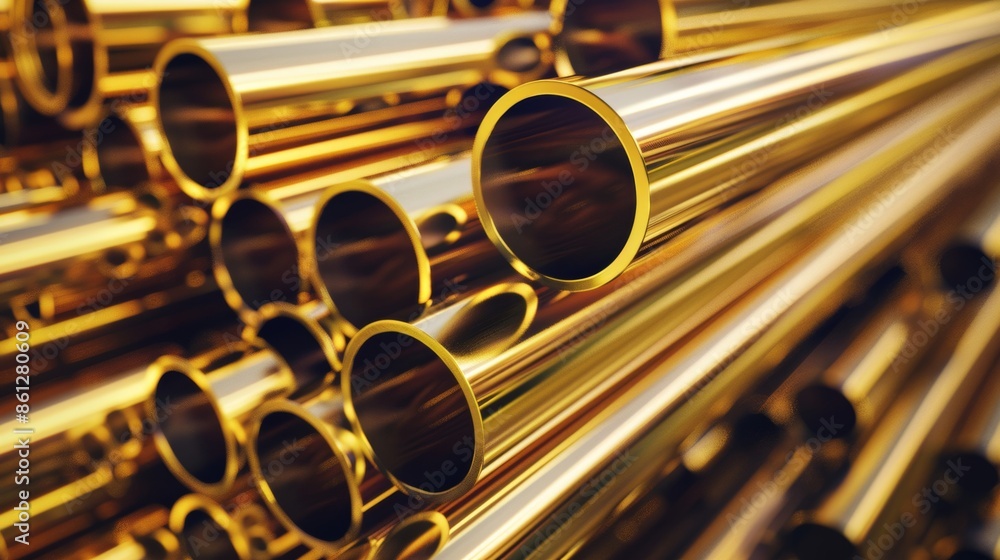 Naklejka premium Stacks of gold-colored galvanized steel pipes neatly arranged in a warehouse