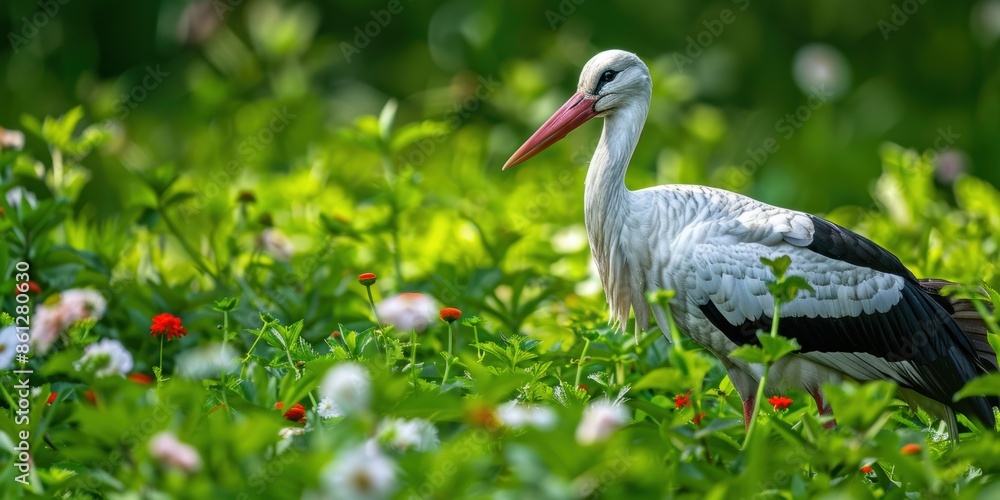 Fototapeta premium A white stork in flower-filled green grass.