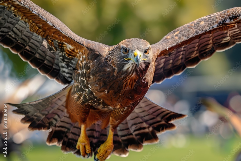 Fototapeta premium Harris's hawk soaring above the field of play. The hawk scares other birds.