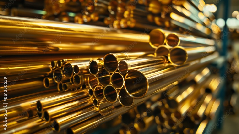Naklejka premium Stacks of gold-colored galvanized steel pipes neatly arranged in a warehouse