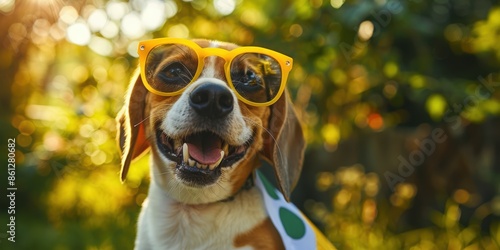 Dog in a Garden with a Brazil Flag. Adorable Beagle with yellow glasses and a flag, supporting Brazil's bid to win the championship. photo