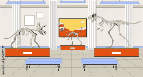 Dinosaur exhibition museum cartoon flat illustration. Natural history exhibits 2D line interior colorful background. Prehistoric times dino bones, fossils gallery scene vector storytelling image