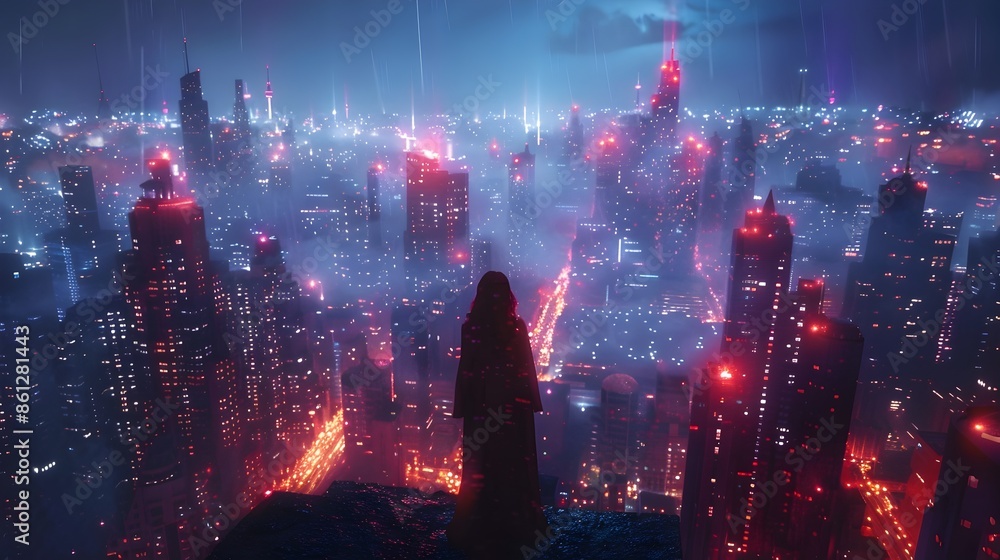 Fototapeta premium Vibrant Cityscape of Skyscrapers and Glowing Lights at Night in the Financial District