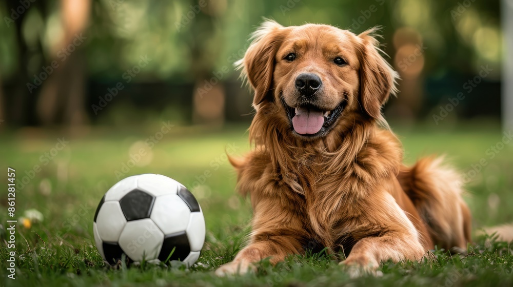 Canine soccer player. Outside, a golden retriever playing goalie sits next to a soccer ball.