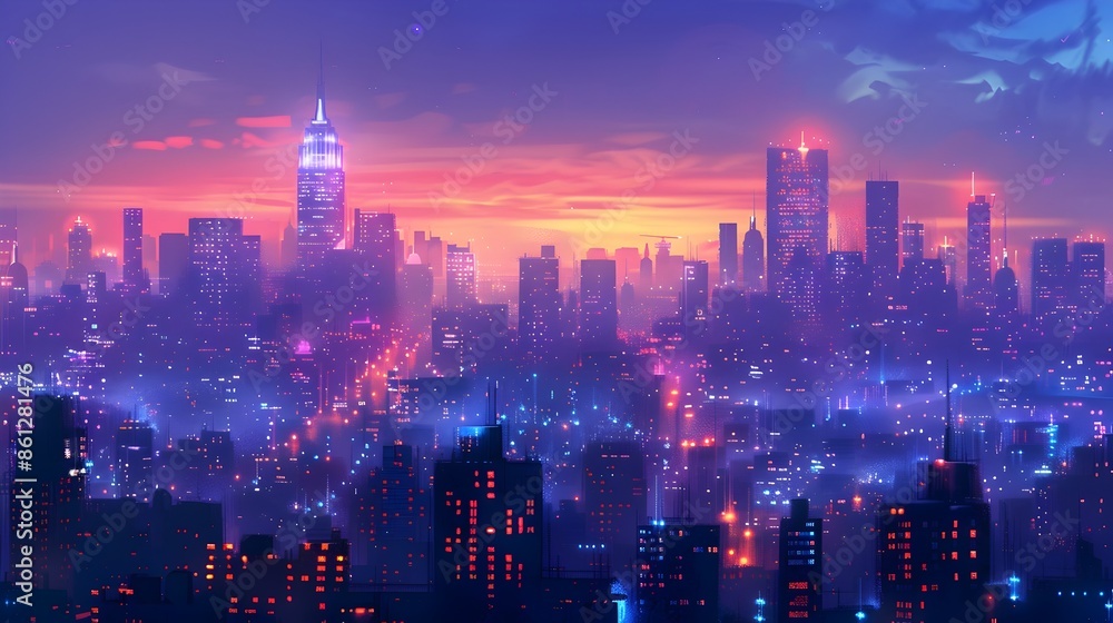 Fototapeta premium Vibrant Evening Cityscape with Glowing Skyscrapers and Streetlights Bustling Urban Landscape