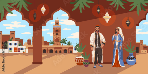 Morocco panorama. Man and woman in national traditional clothes, eastern arches, arabic architecture, travel banner, tourism promotional, traditional landscape, cartoon tidy vector concept