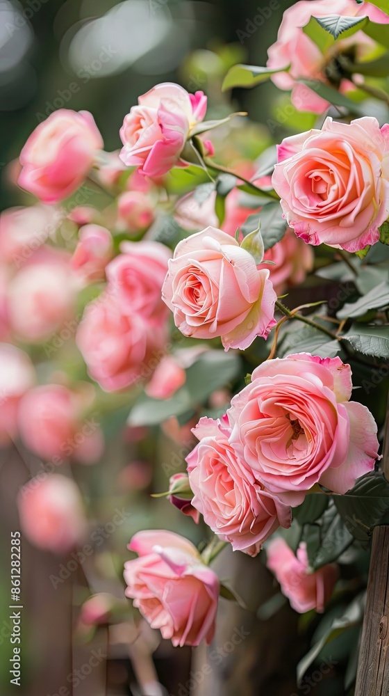 Obraz premium A pink rose bush in full bloom grows along a wooden fence in a residential backyard
