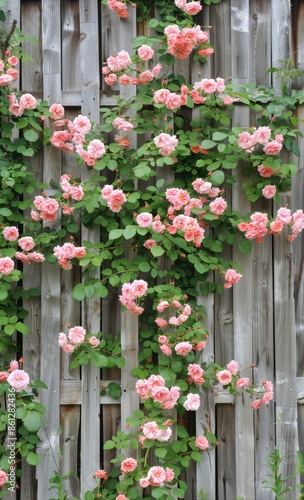 A pink rose bush in full bloom grows along a wooden fence in a residential backyard