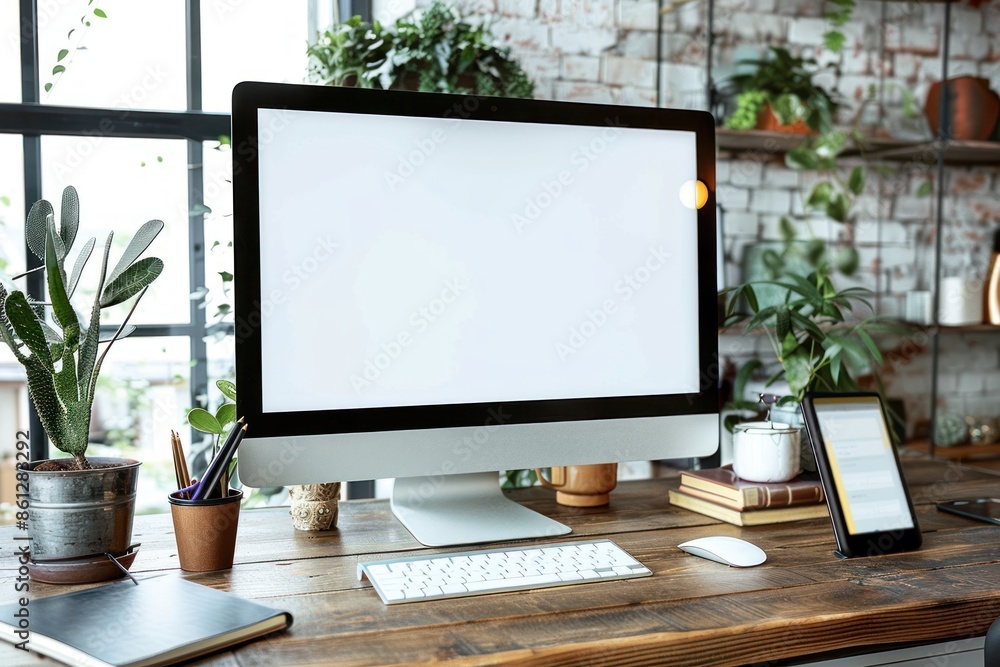 Fototapeta premium Modern personal computer with blank white screen, keyboard, mobile phone and office accessories on desk at workplace of graphic designer, blogger. Electronic devices, technology and creativity