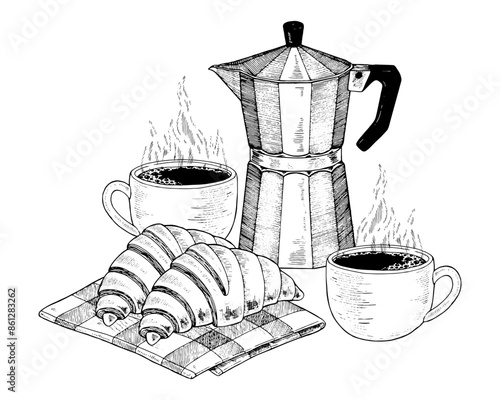 Cups of Coffee and Croissants. Vector hand drawn illustration. Moka pot and buns. Vintage white and black line art on background. Food clipart sketch drawing. For cafe and coffeeshop menu design