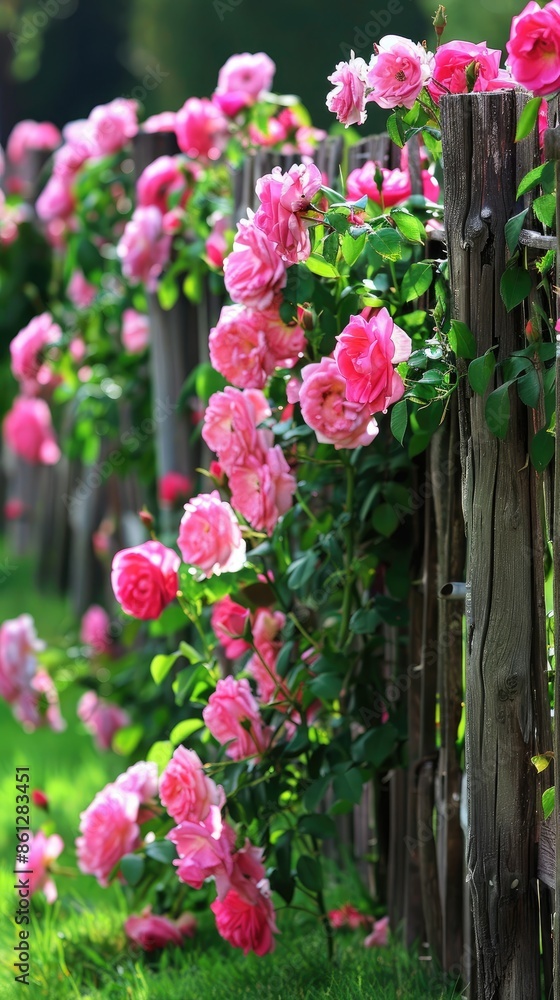 A pink rose bush in full bloom grows along a wooden fence in a residential backyard. A pink rose bush in full bloom grows along a wooden fence in a residential backyard.