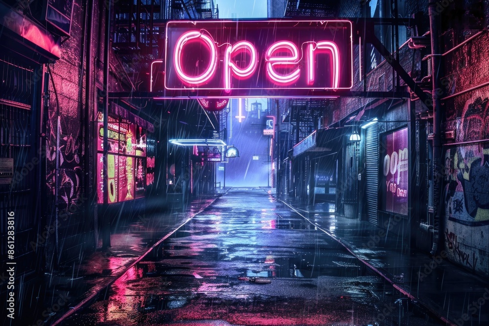 Neon 'Open' Sign Illuminating Rainy City Street at Night Neon 'Open' Sign Illuminating Rainy City Street at Night